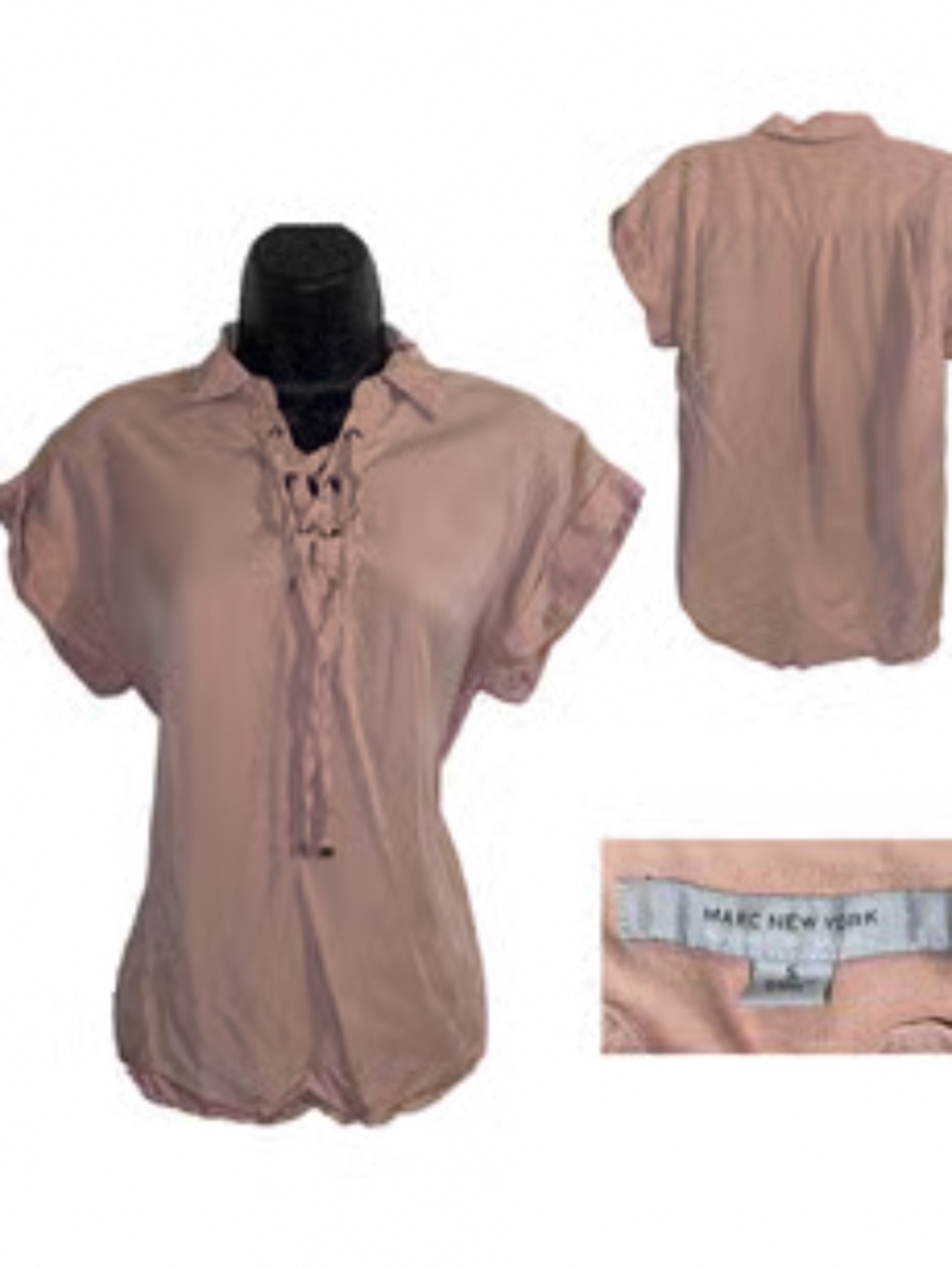 MARC NEW YORK Women's Pink Lace-Up Collared Short Sleeve Blouse Top Size Small